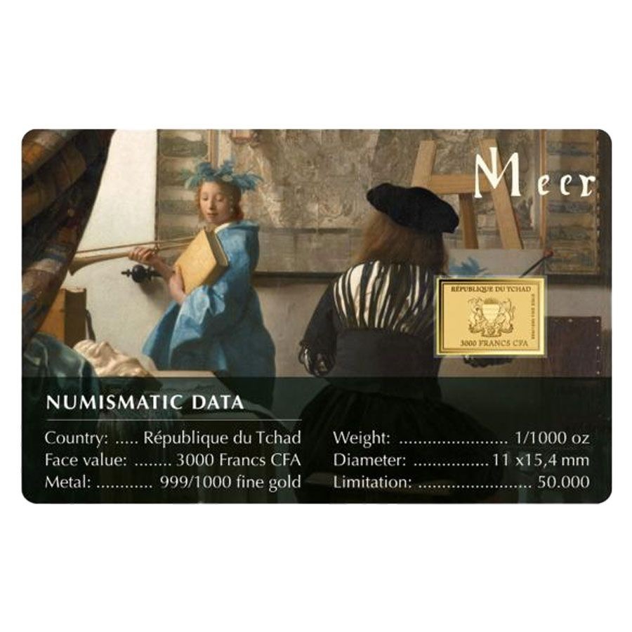 Vermeer The Art of Painting 1/1000 Oz 24k Gold Coin 999 card Chad 2024