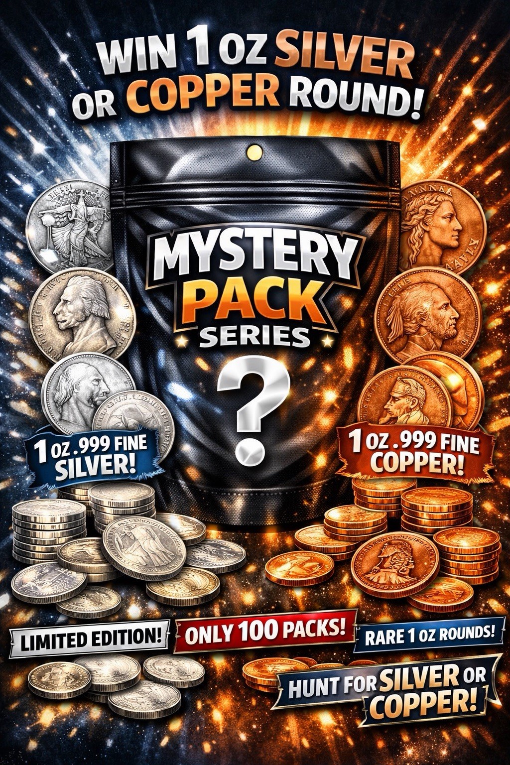 Mystery Pack Series – Win 1 oz Silver or Copper Round! Limited 100 Packs