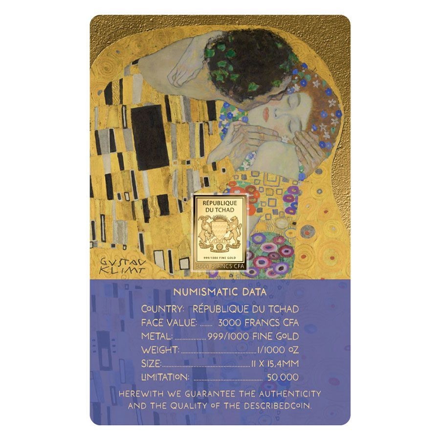 Gustav Klimt The Kiss 1/1000 Oz Gold Coin 3000 Francs Chad 2024