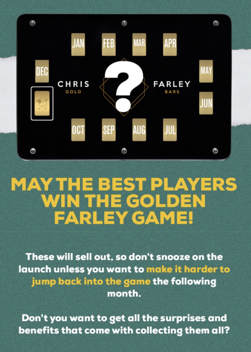 The CHIVE | DECEMBER GOLDEN FARLEY GAME PIECE | 1/100th Oz Gold Bar | SOLD OUT