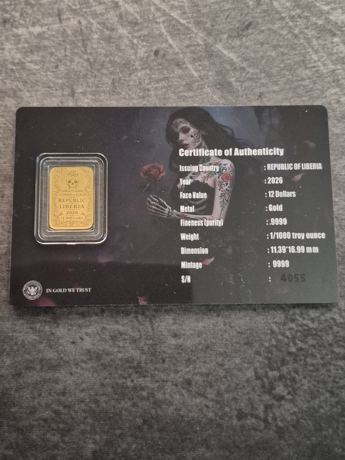 Republic of Liberia Dia de los Muertos 2026 1/1000 oz Fine Gold Bar Au 9999 COA