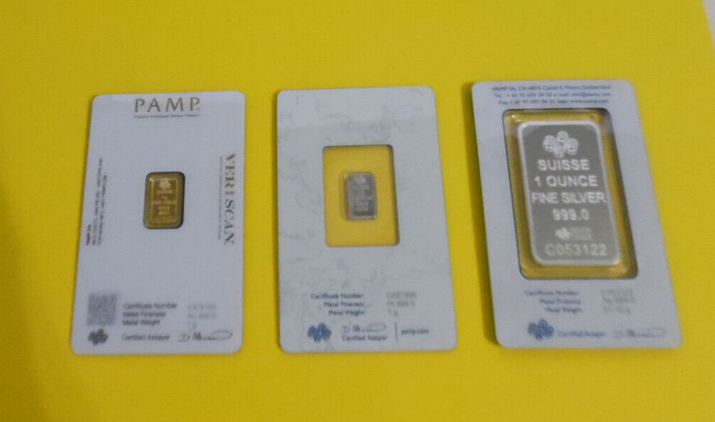 3 Pamp Suisse Lady Fortuna Bullion Bars 1 oz Silver 1 Gram Each Gold & Platinum