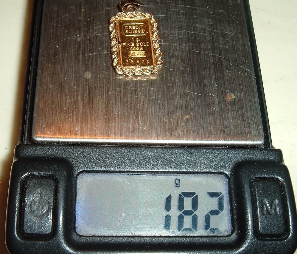 1 GRAM 999.9 FINE GOLD CREDIT SUISSE BAR 14 KT ROPE BEZEL 3MM BAIL PENDANT 1.8g