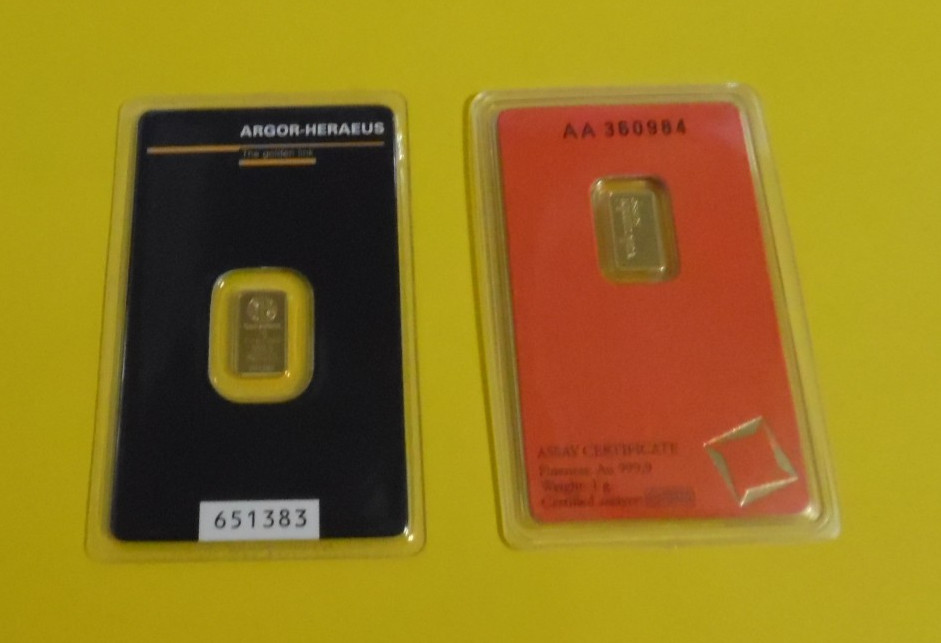 2 Gold Bars 1 Gram Each 999.9 Fine Valcambi and Argor Heraeus Sealed Assay Shown