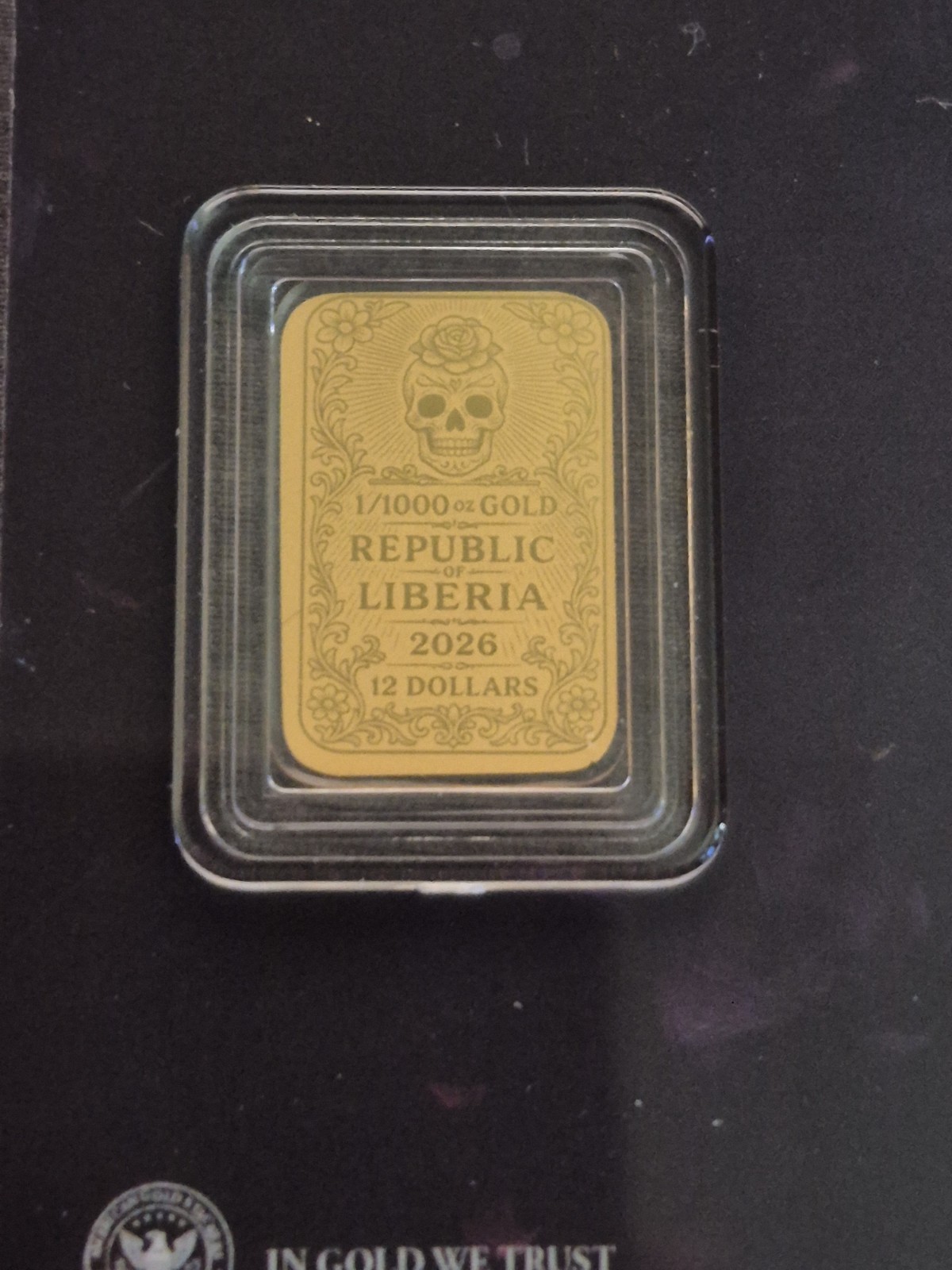 Republic of Liberia Dia de los Muertos 2026 1/1000 oz Fine Gold Bar Au 9999 COA