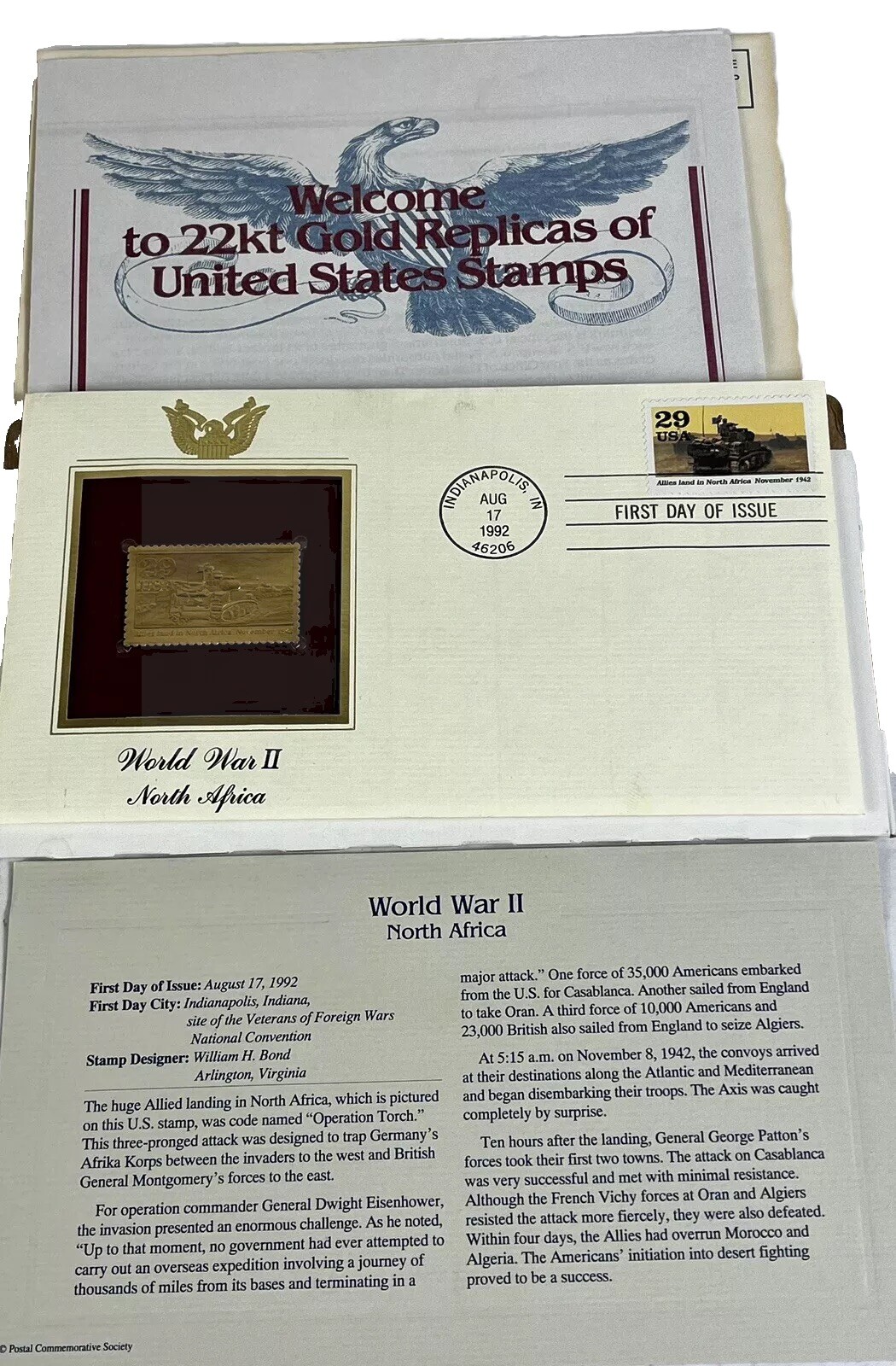 Allies Land in North Africa Tank 1942 WORLD WAR II 22KT GOLD STAMP COMMEM #8 +PW