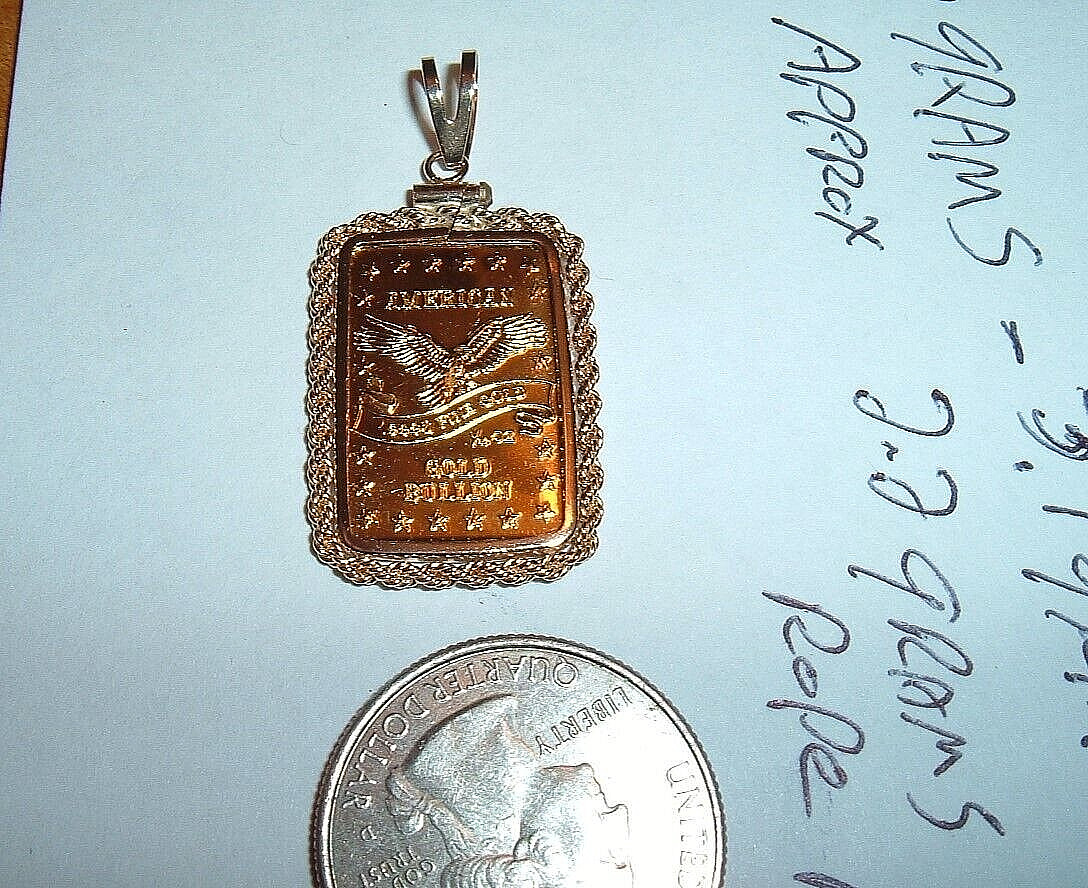 1/10 oz 24K GOLD 999.9 FINE INGOT BAR w / 14K ROPE BEZEL PENDANT CHAIN NECKLACE