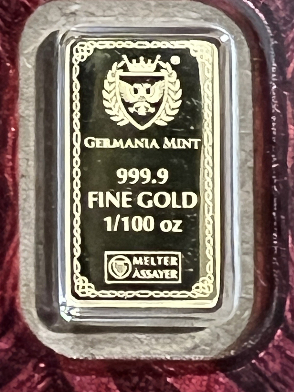 Germania Mint 1/100 oz Gold Bar In Assay 999.9 Fine Gold Frigg Bar