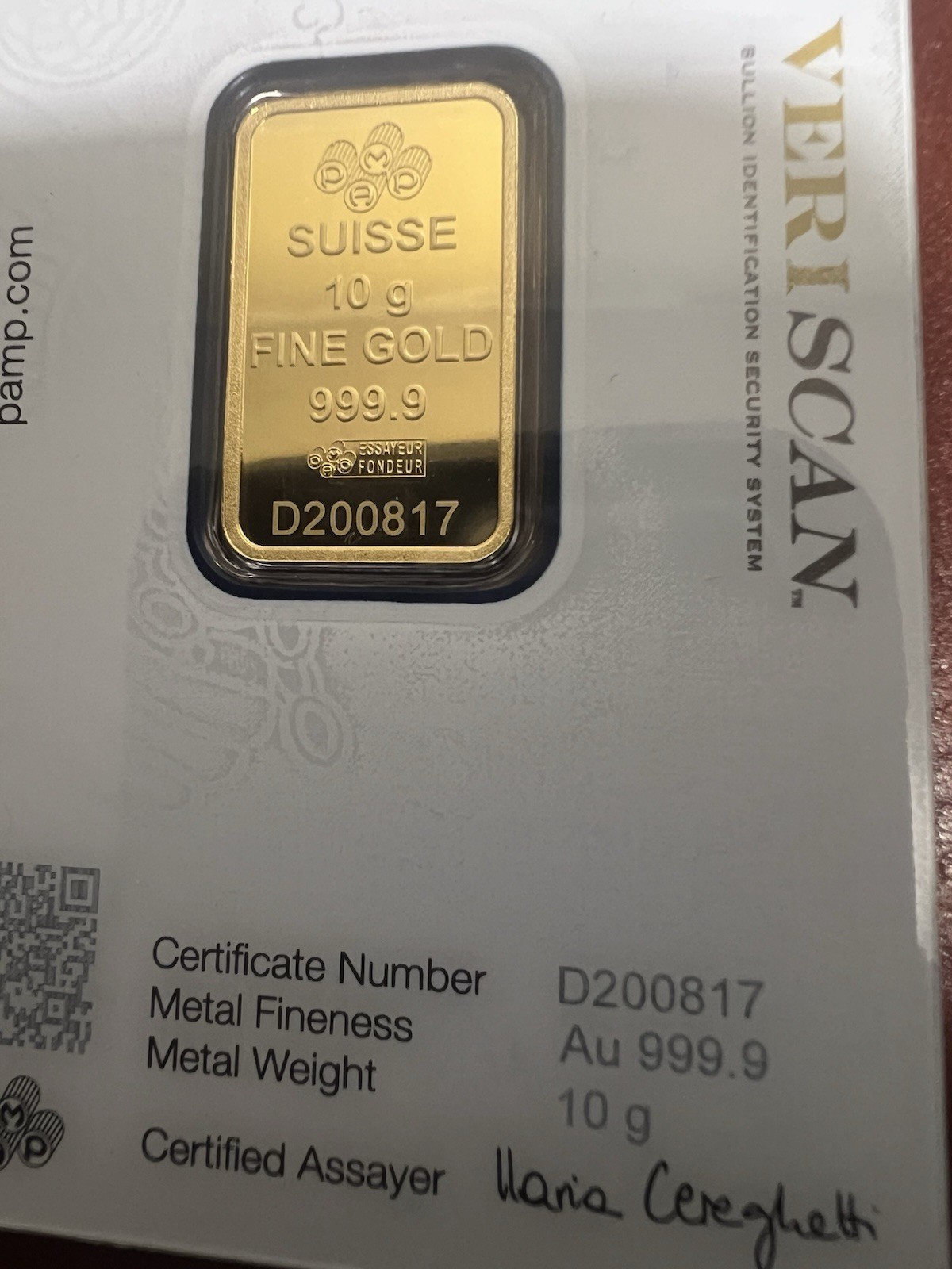 10 G. 999.9 GOLD PAMP LADY FORTUNA VERISCAN™ BAR & FREE WITH PURCHASE 14K BEZEL!
