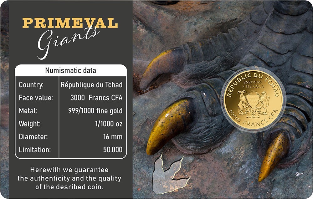 TYRANNOSAURUS REX 1/1000 Oz Gold Coin 3000 Francs Chad 2023