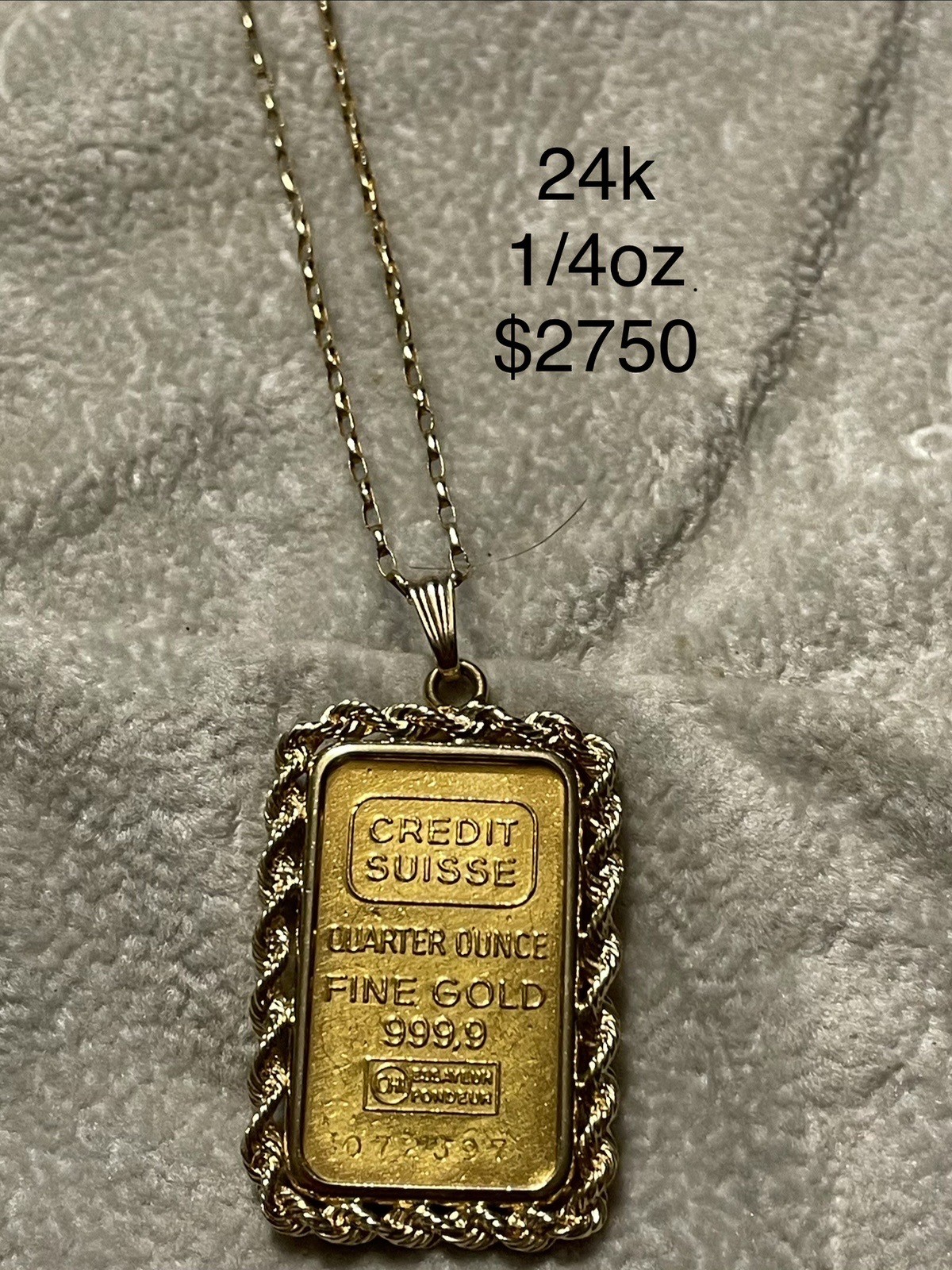 1/4 oz Gold Bar – Credit Suisse. Rope 14k Bezel. Small Chain