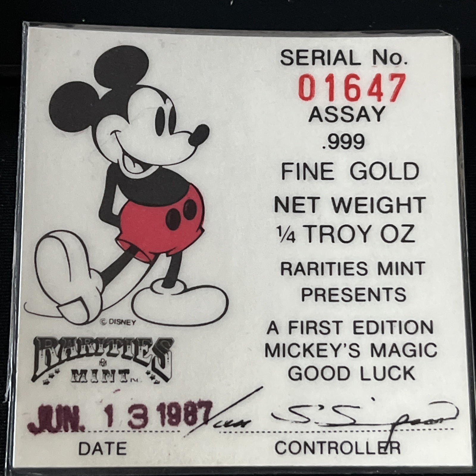 1987 Rarities Mint Mickey Mouse FIRST EDITION 1/4 Troy Ounce .999 Fine Gold