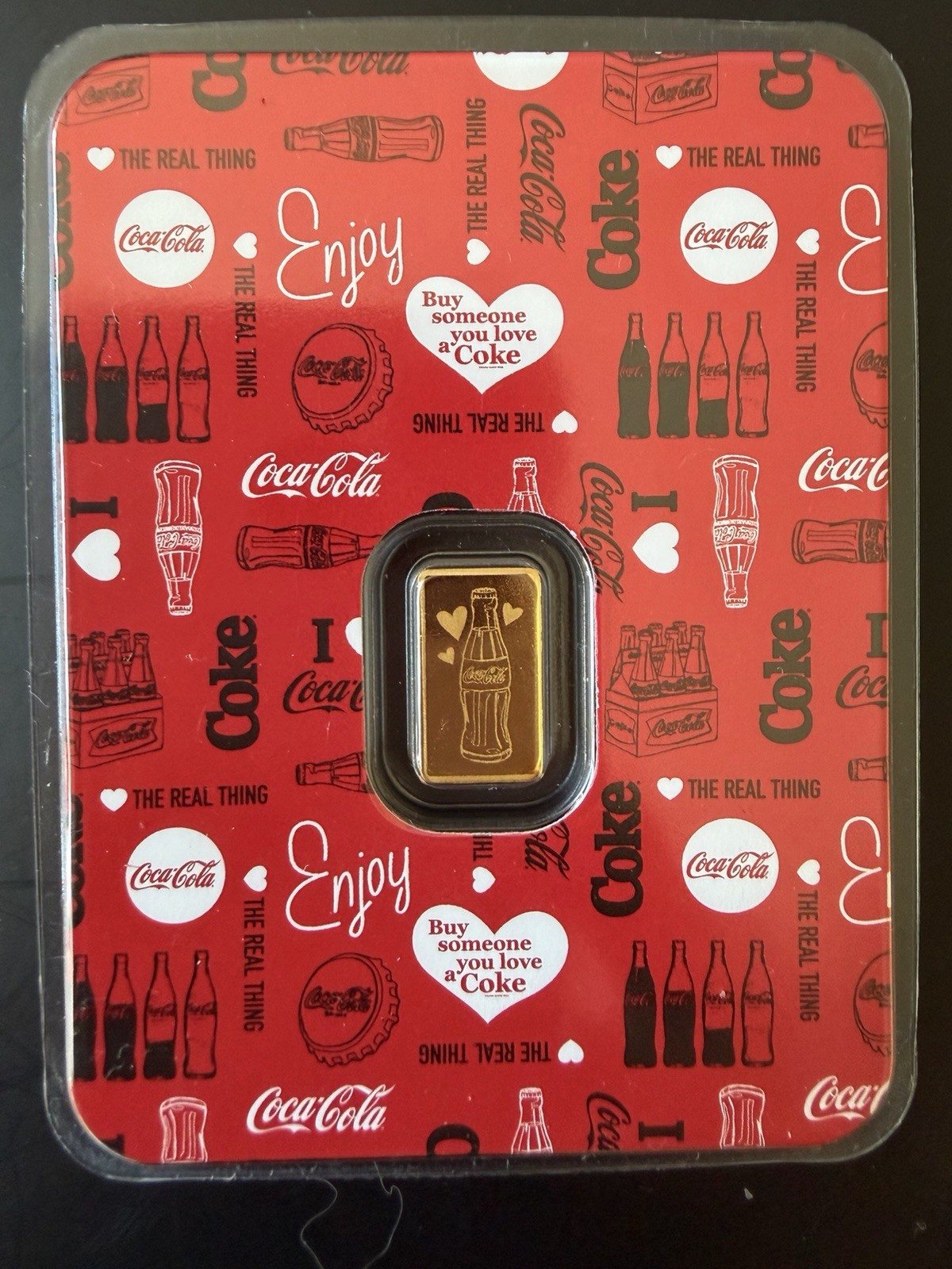Coca-Cola 1/2 Gram Gold Bar .9999 Fine Gold in Assay Card Valentine Version