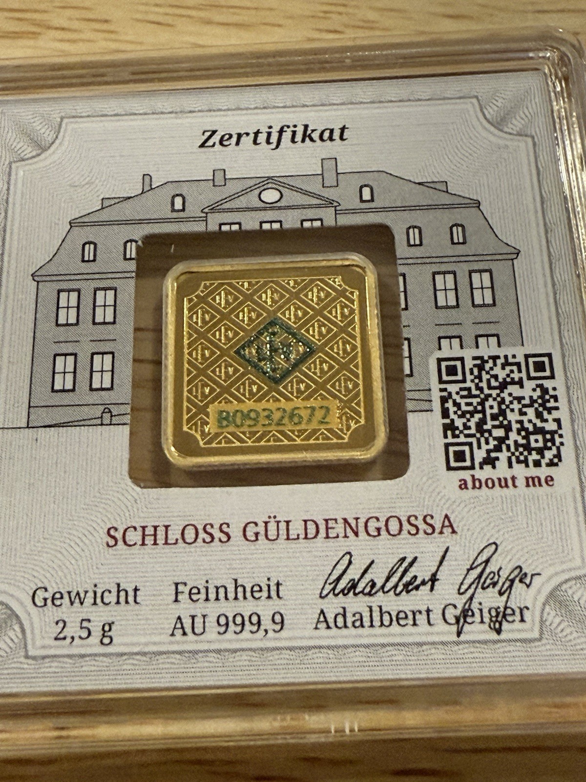 Geiger Edelmetalle 2.5g Gold Premium Square Bar .9999 Fine Assay In Capsule New