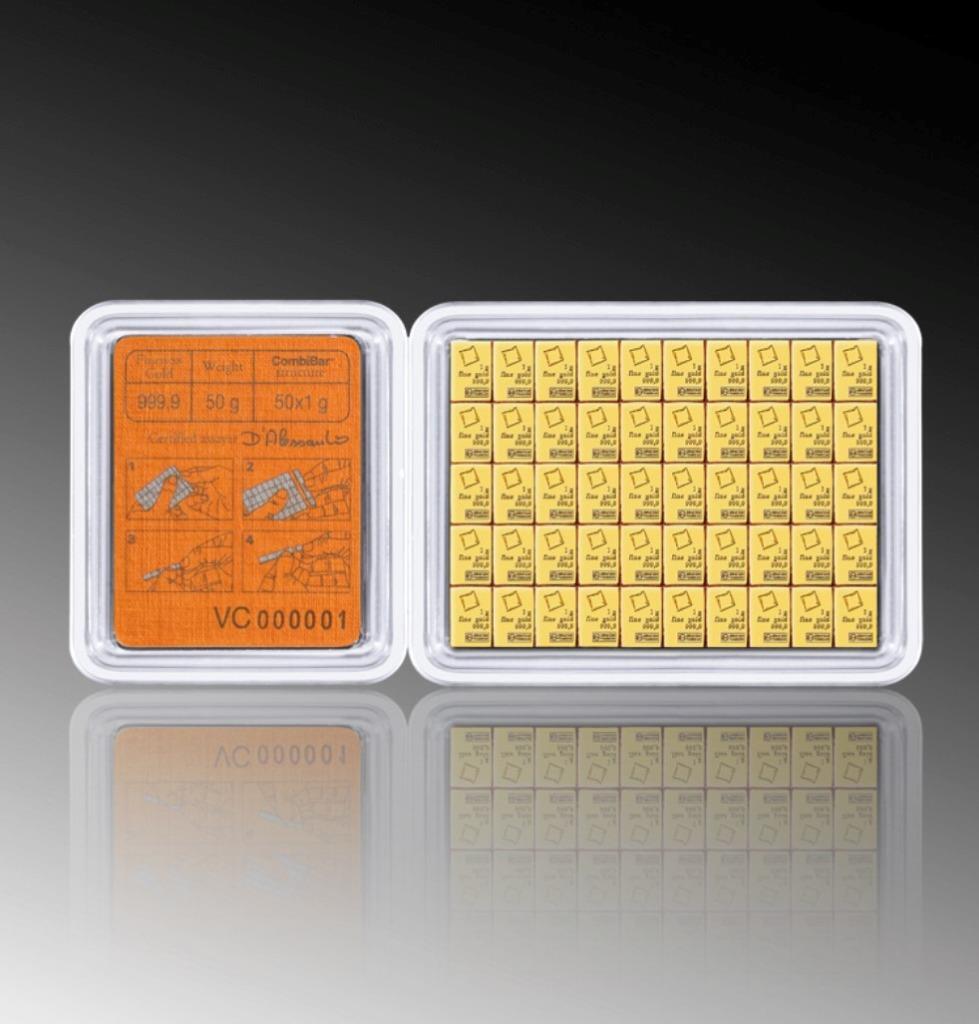 50 x 1 gram Gold Valcambi CombiBar w/ Assay Card .9999 Gold Bullion #A668