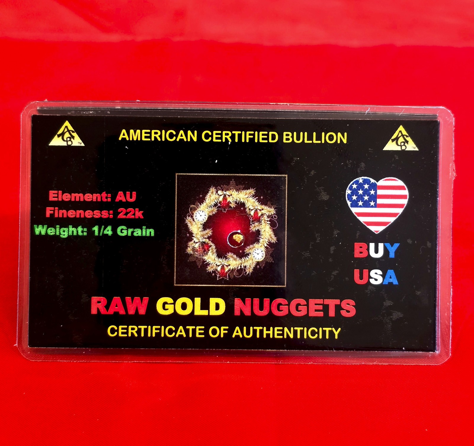x7 Gold MERRY CHRISTMAS ACB 1/4GRAIN RAW NUGGET Placer gold with Certificate