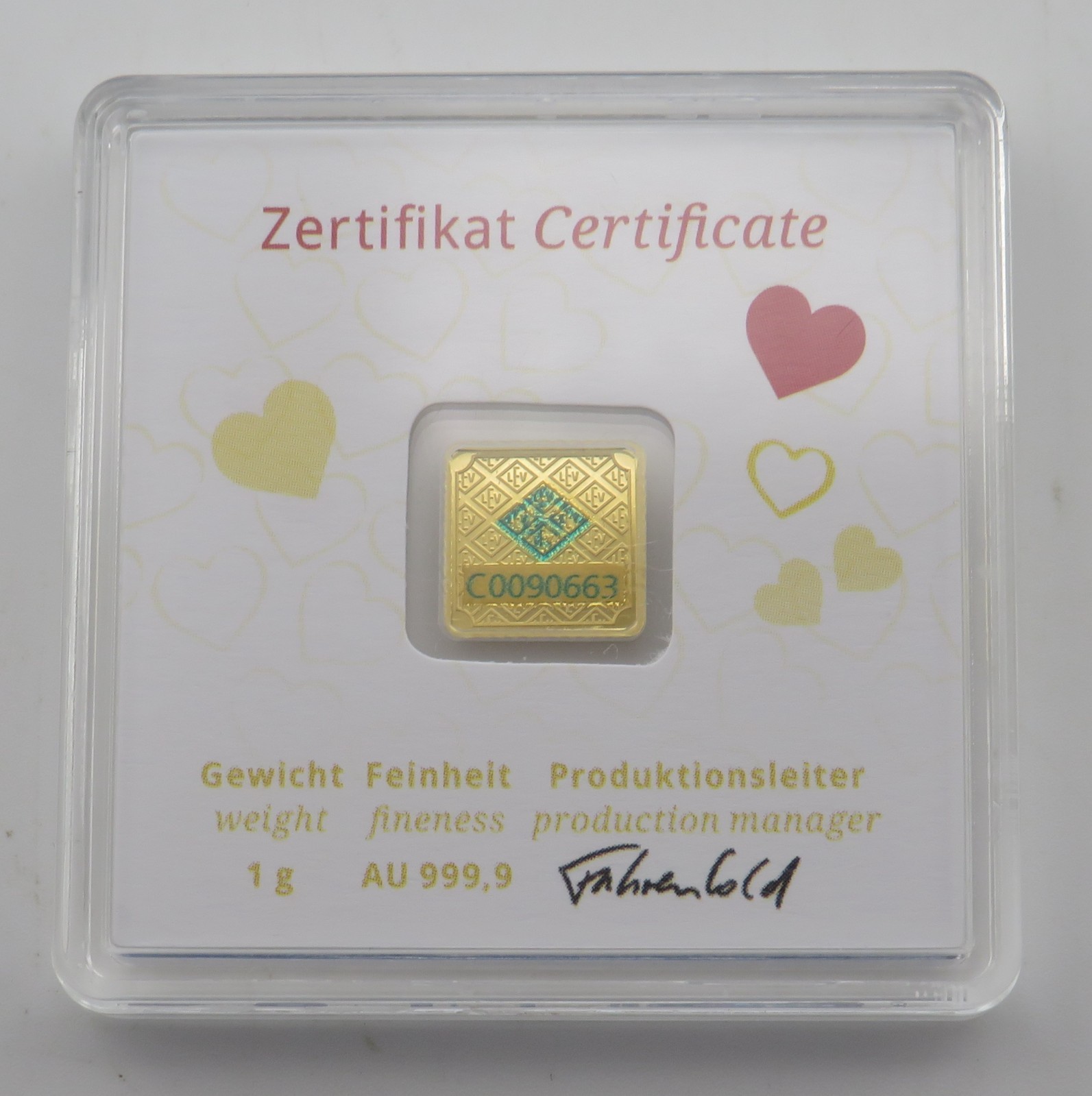 1 Gram 24K Gold Geiger Hearts 999.9 Certified Assay Square Bar C0090663