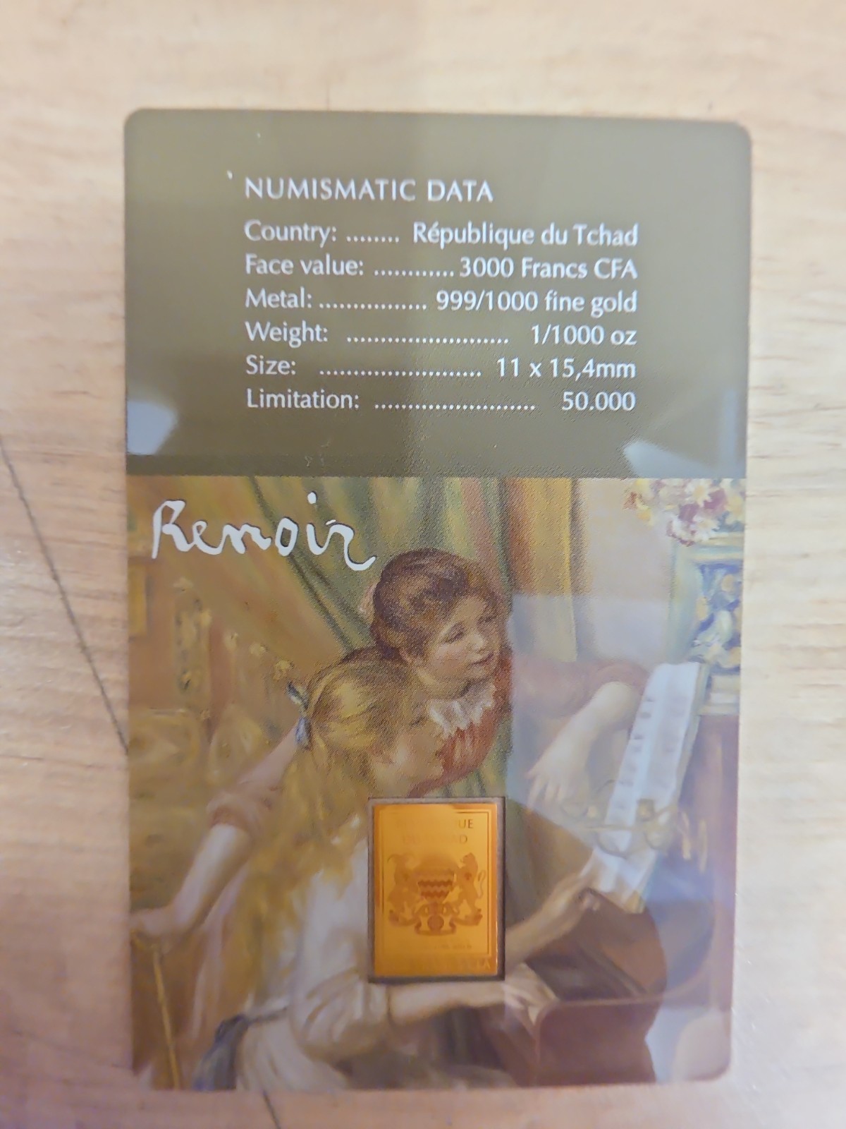 Renoir Young Girls at the Piano 1/1000 Oz Gold Coin 3000 Francs Chad 2024