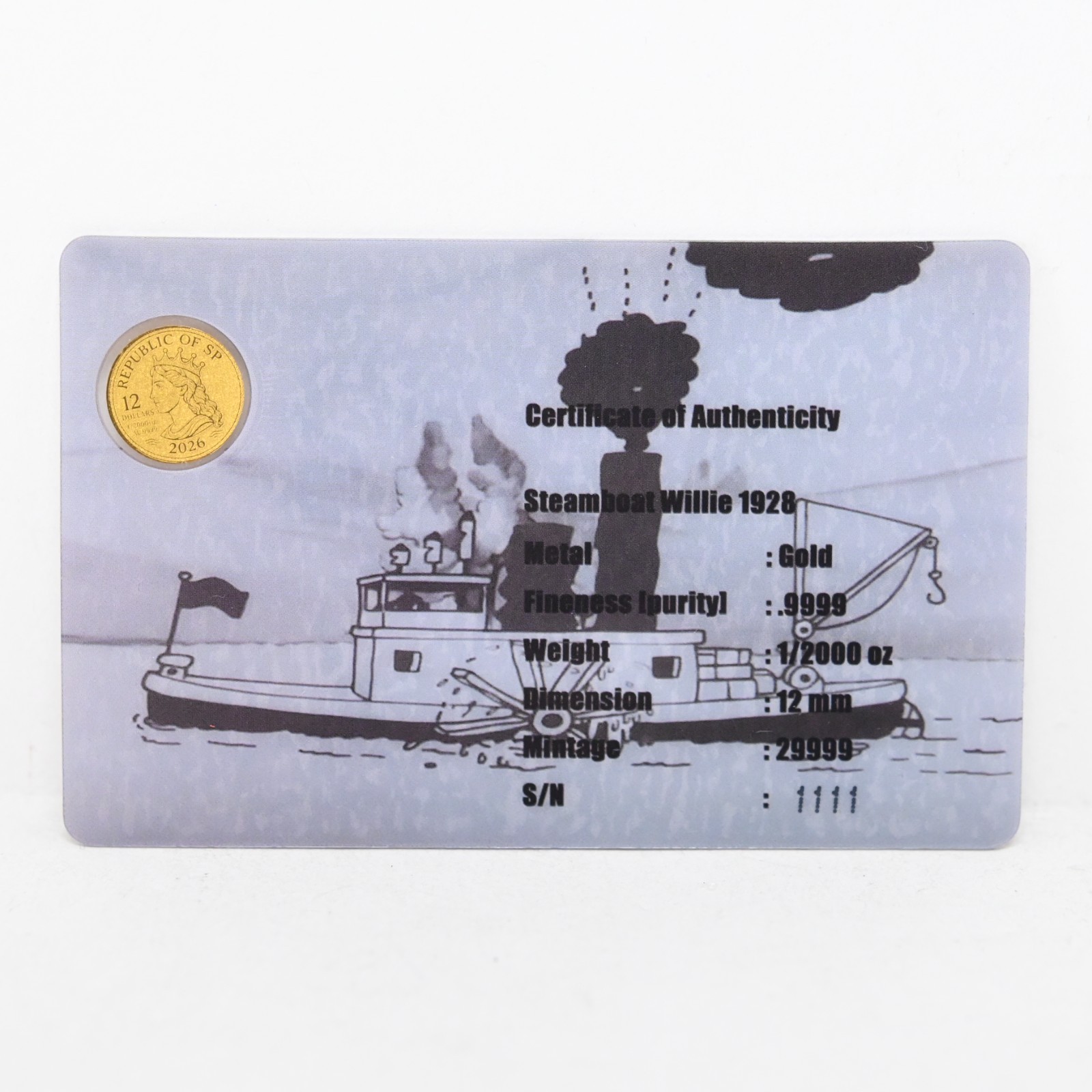 2026 Steamboat Willie 1928 Mickey Mouse 1/2000-oz .9999 Gold in Card Cert #1111