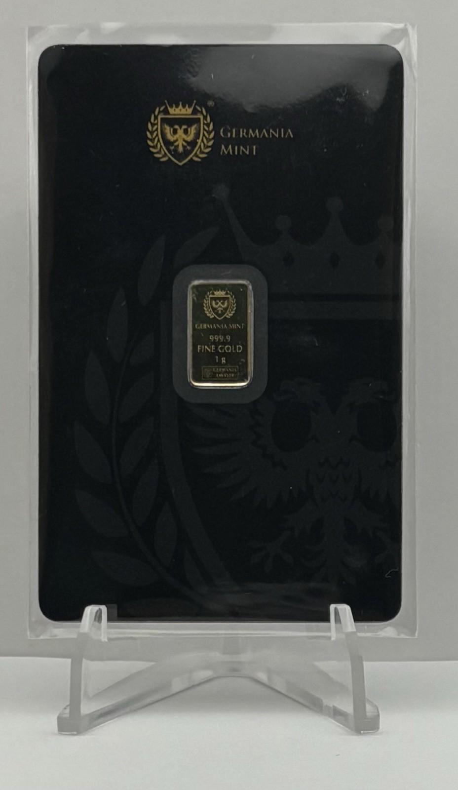 Germania Mint 1g Gold 999.9 Bullion Bar in Assay Black Label