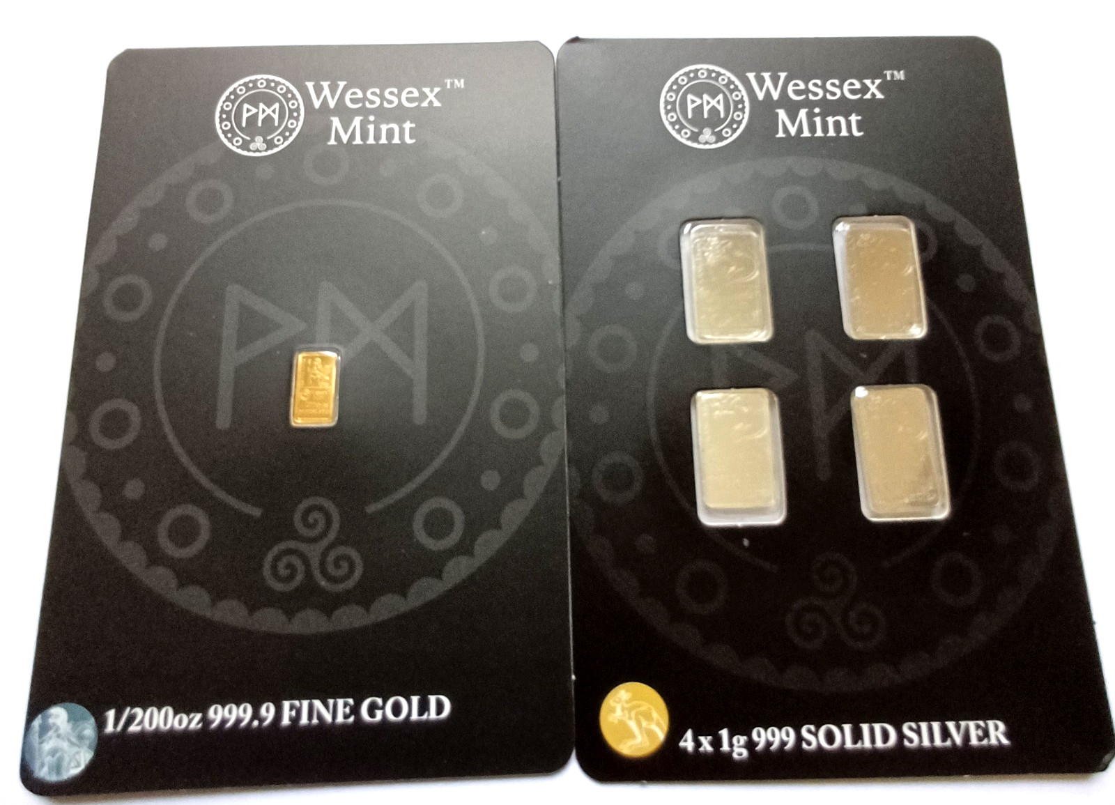 New Wessex Mint 1/200th oz Britannia Gold .999 Bar & Kangaroo x 4 1g Silver Bars