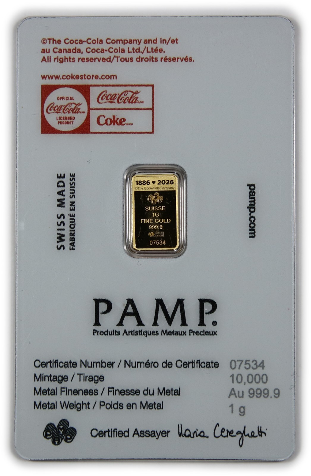 1 Gram PAMP Coca-Cola Valentine’s Love .9999 24k Gold Bar Assay Sealed #62101P