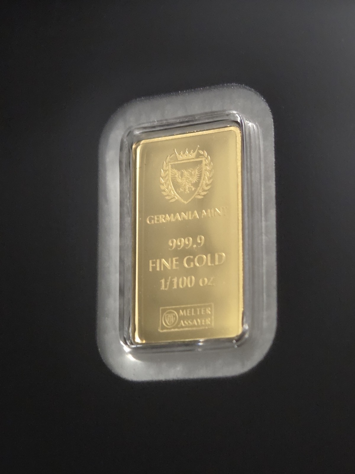 Germania Mint 1/100 Gold Lady Germania Stamped Proof Bar in Card