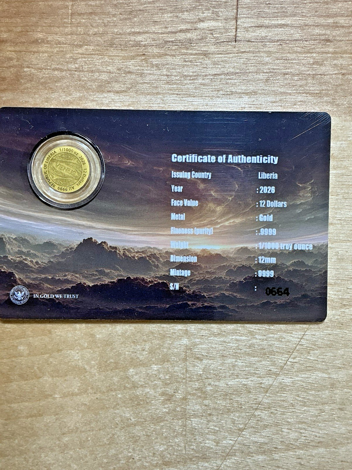 2026 Liberia Venus 12 Dollars 1/1000 oz .9999 Gold Coin COA Card