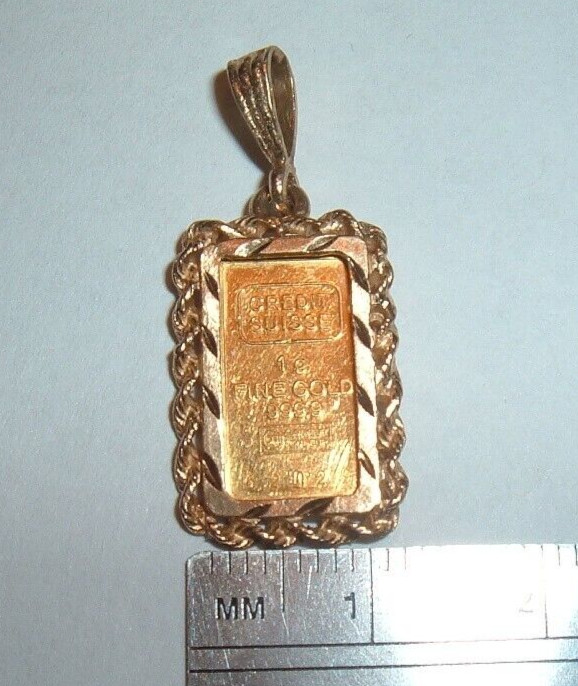 24K GOLD Credit Suisse 999.9 FINE INGOT BAR 14K ROPE BEZEL PENDANT CHAIN 2.73g