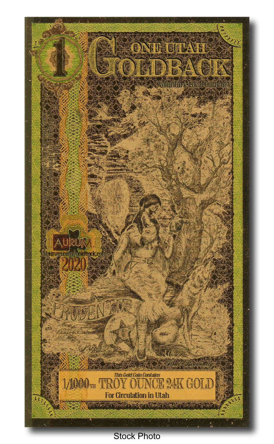 2020 Aurum 1 GB Utah 1/1000 oz 24K Gold Foil Note Limited Edition One Goldback