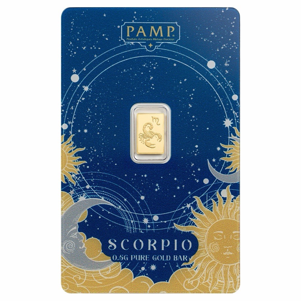 PAMP 1/2 gram Pure Gold Zodiacs SCORPIO Art Bar in Certified Assay Card