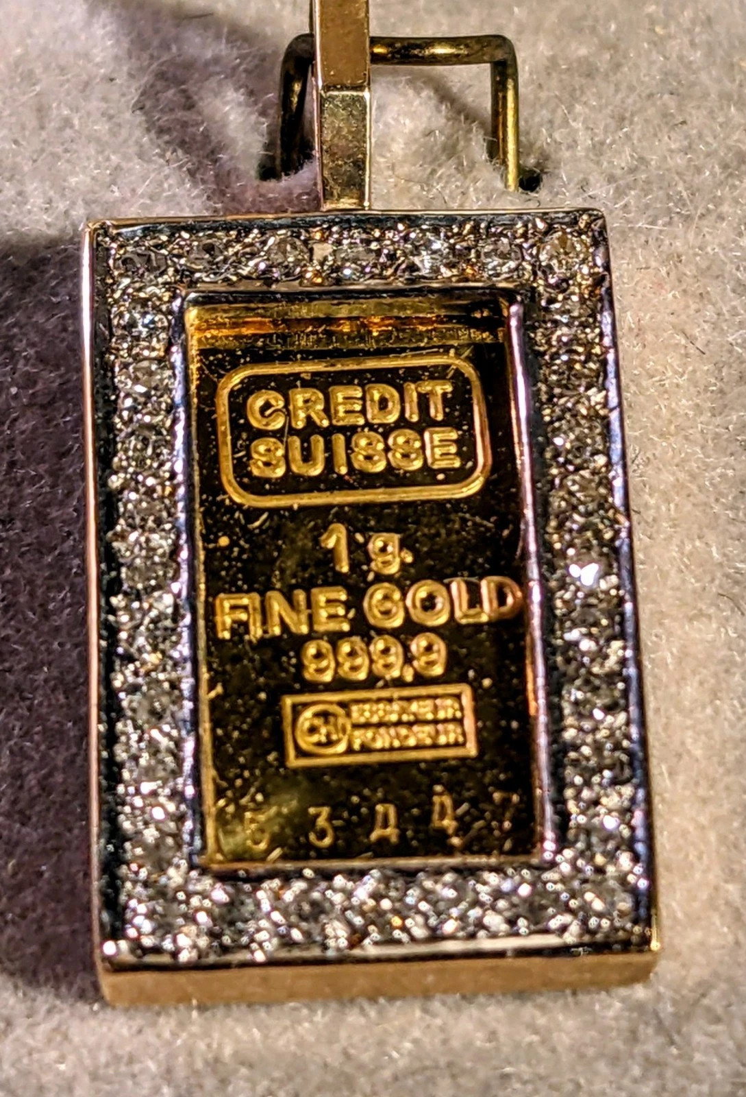24K GOLD Credit Suisse 999.9 FINE INGOT BAR 14K DIAMOND BEZEL PENDANT FOR CHAIN