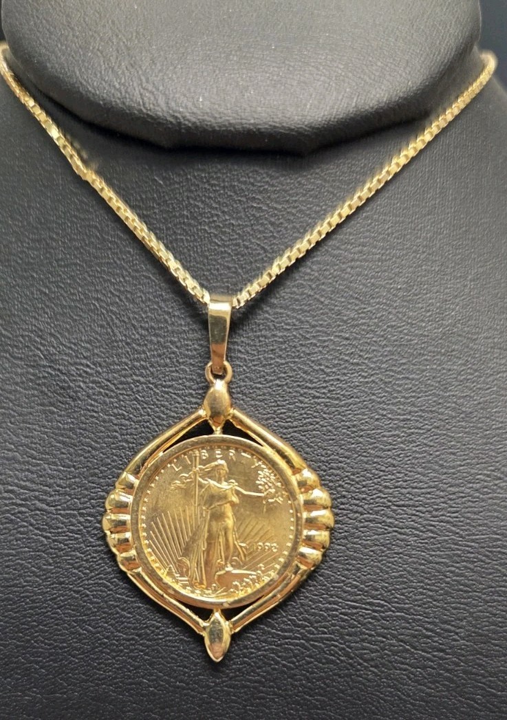 $5 US Eagle Coin 1/10 Oz Pure Gold In Fancy 14k Yellow Gold Frame 4.9 Grams
