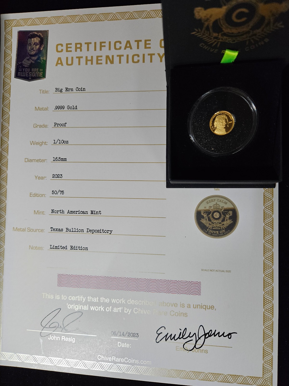 🌟 Chive Rare Coins Bill Murray Kingpin Big Ern 1/10 Oz GOLD Proof Coin #/75 COA