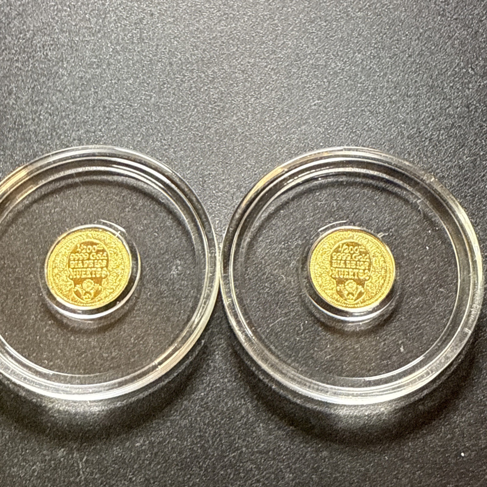 Lot Of 2- 1/200th oz .9999 Fine Gold Skull Dia De Los Muertos Fractional Gold