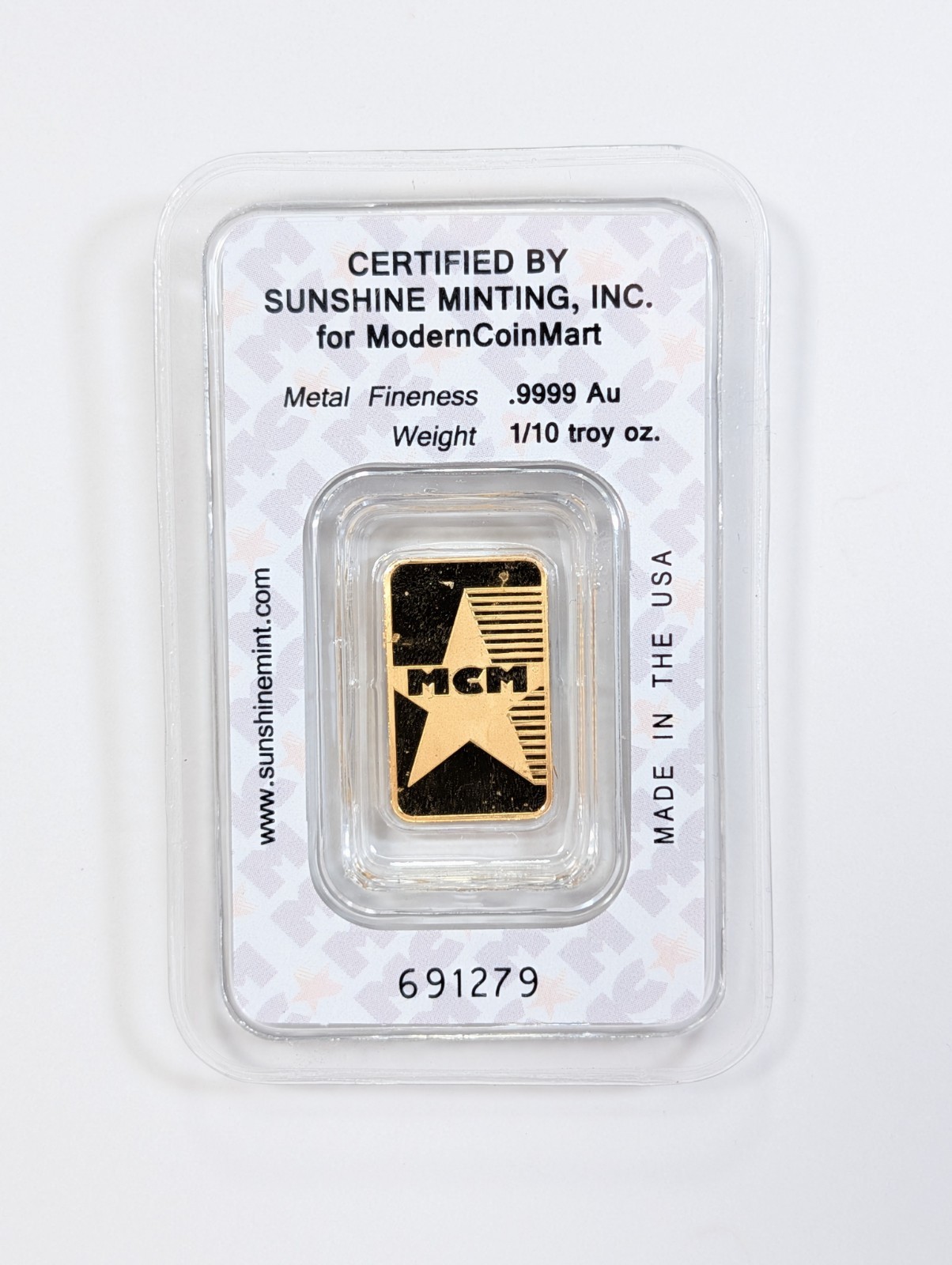 1/10th Ounce MCM Modern Coin Mart Sunshine Minting .9999 Fine Gold Bar In Assay