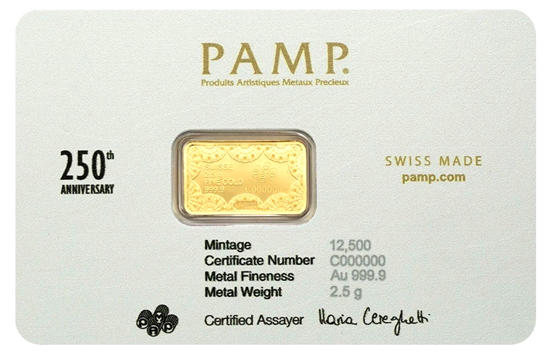 PAMP 2.5g Gold Bar America the Free 250th Anniversary USA Card