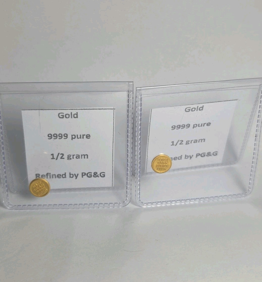 (2) 0.5 Gram PG & G 1/2 Gram .9999 Pure Gold Mini Rounds #652