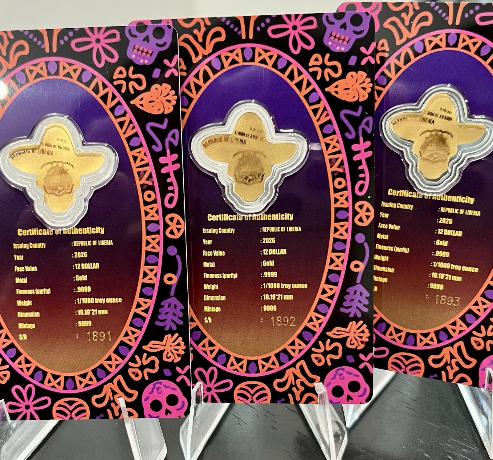 Lot (3) DIA DE LOS MUERTOS 1/1000 Gold In Assay Card W/ COA CONSECUTIVE NUMBERS!