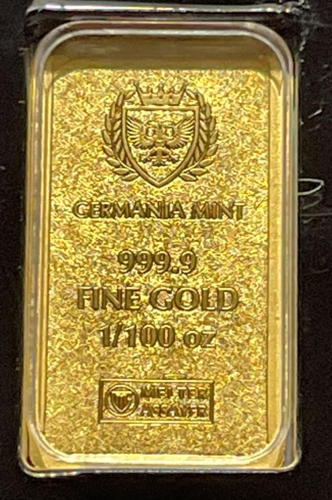 Germania Mint 1/100 oz Gold Bar in Plastic Capsule