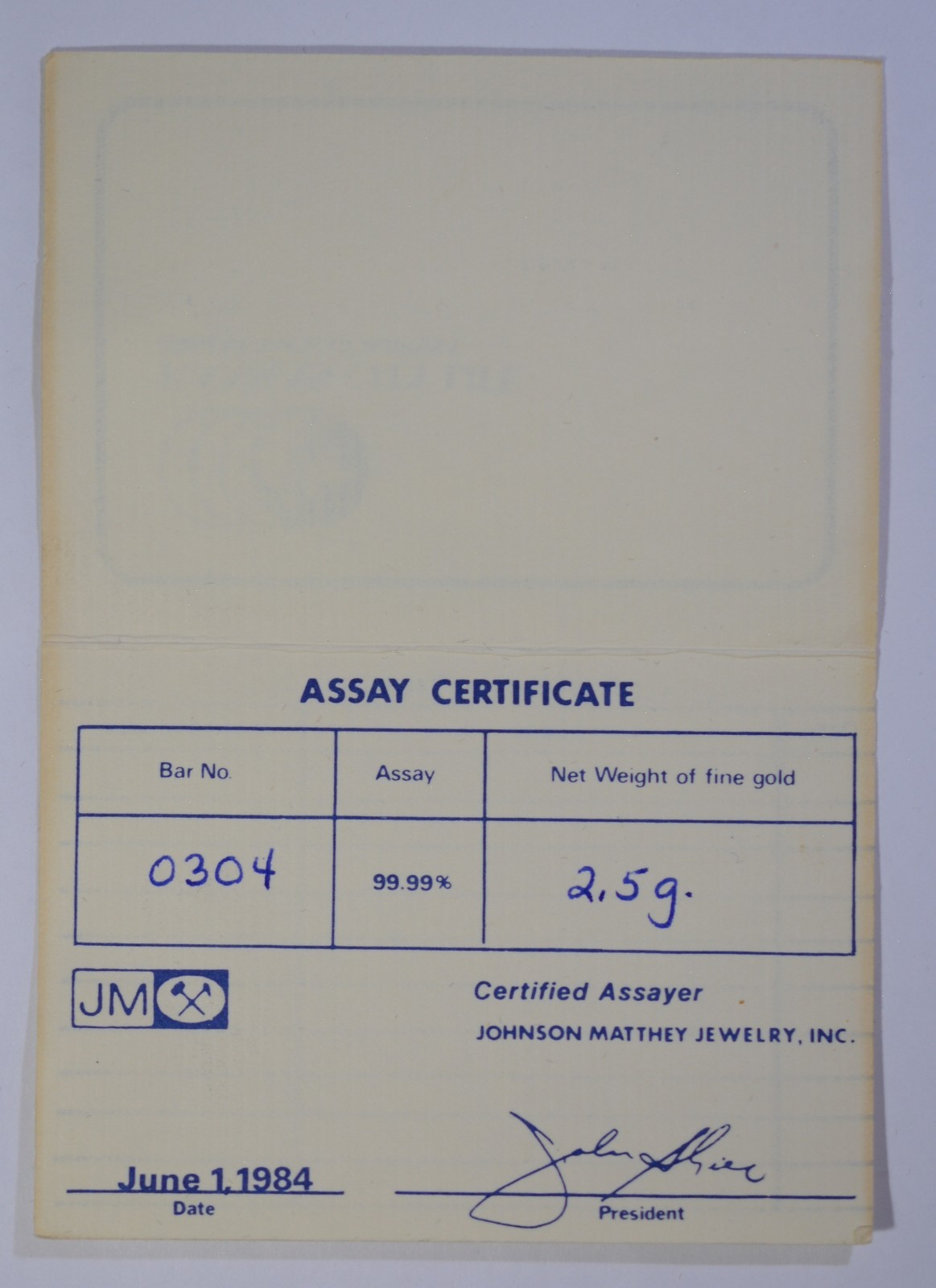 Vintage Johnson Matthey JM 2.5 Gram 9999 Gold Bar Kansas City Life COA VeryRare