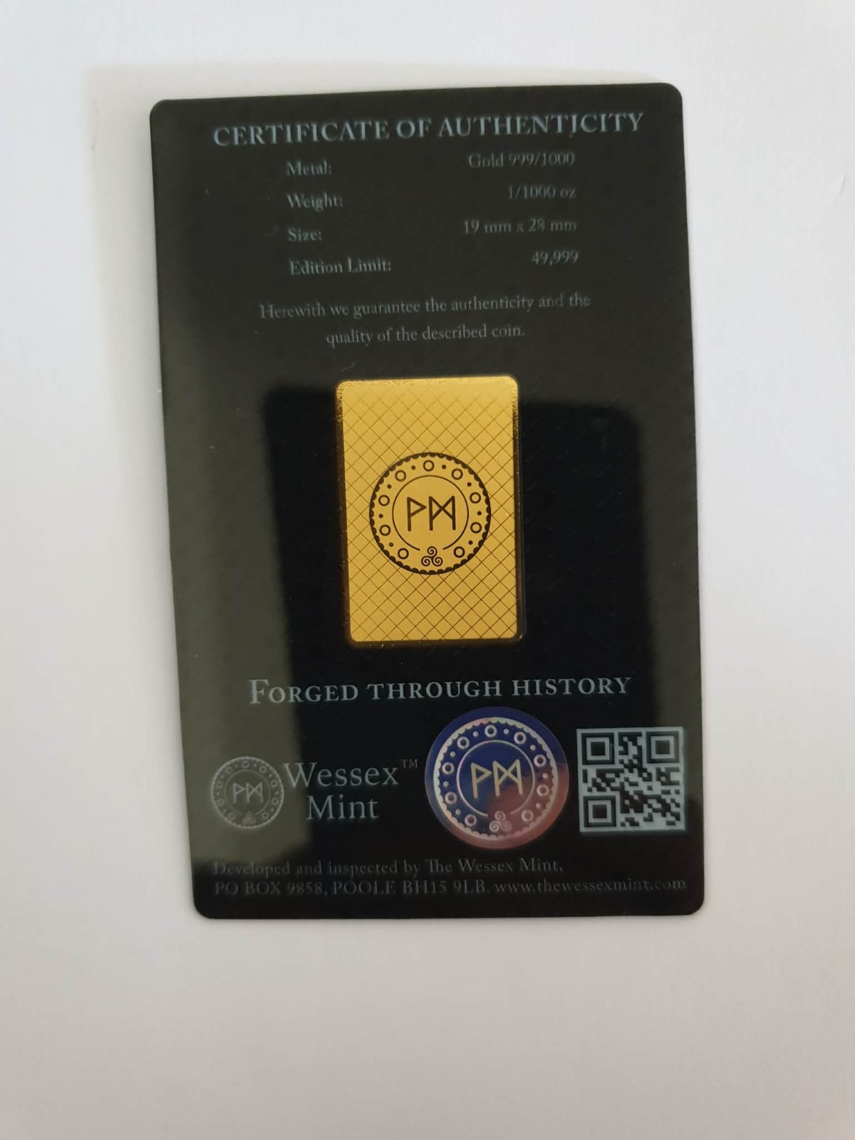 1/1000 oz The Black Bull of Clarence 999/1000 Pure 24K Gold Bar- Wessex Mint New