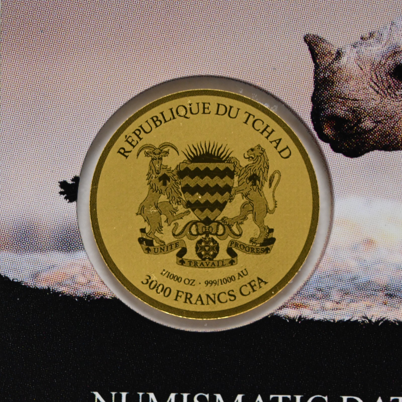African Rhinoceros 1/1000-oz .999 Gold Coin 3000 Francs Republic of Chad