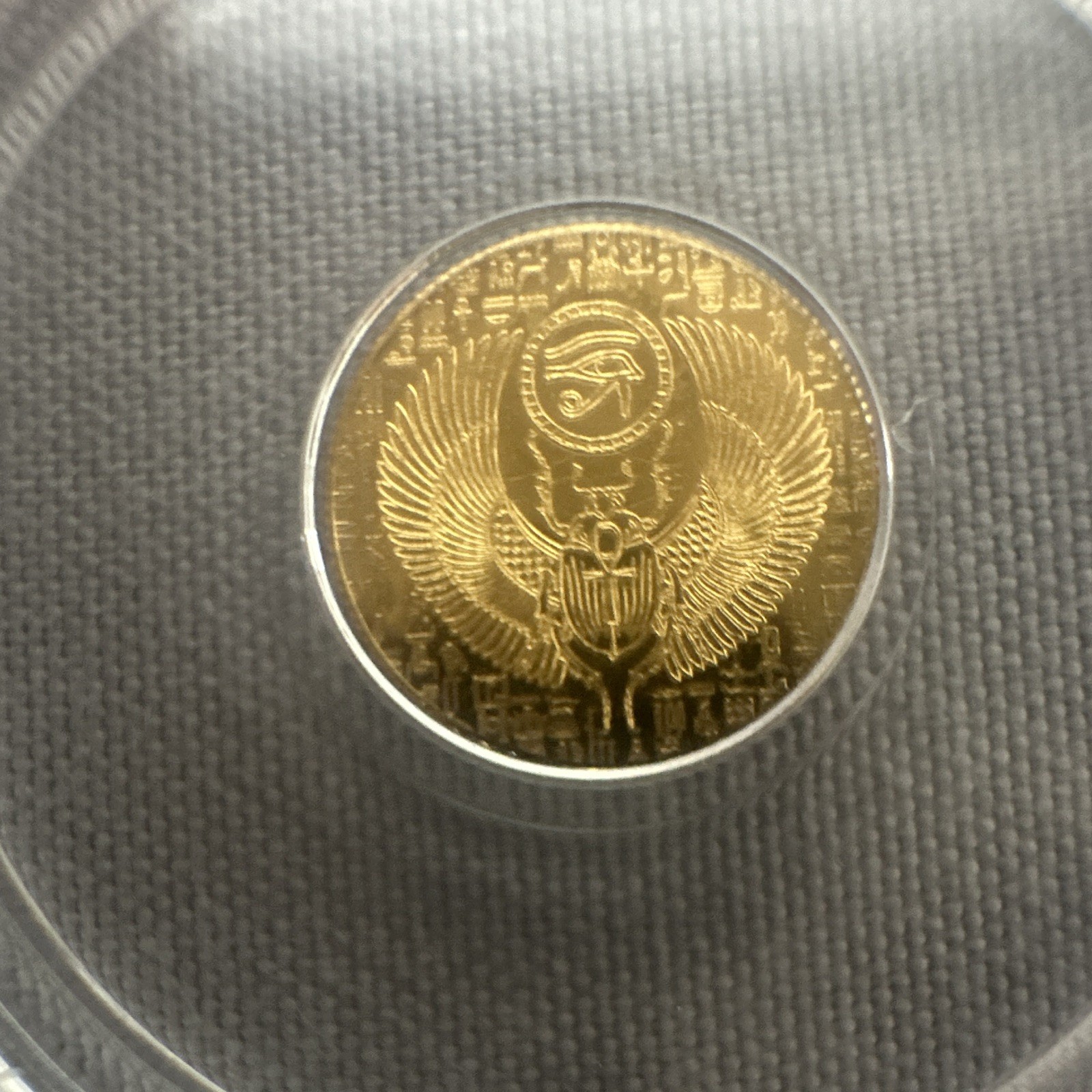 1/200th oz .9999 Pure Gold Monarch Egyptian Scarab Anhk Encapsulated Round.