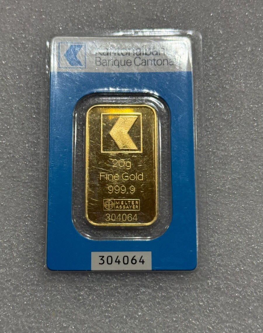 RARE KANTONALBANK SEALED 20 GRAM 999.9 PURE GOLD BAR IN ASSAY ~ SERIAL # 304064