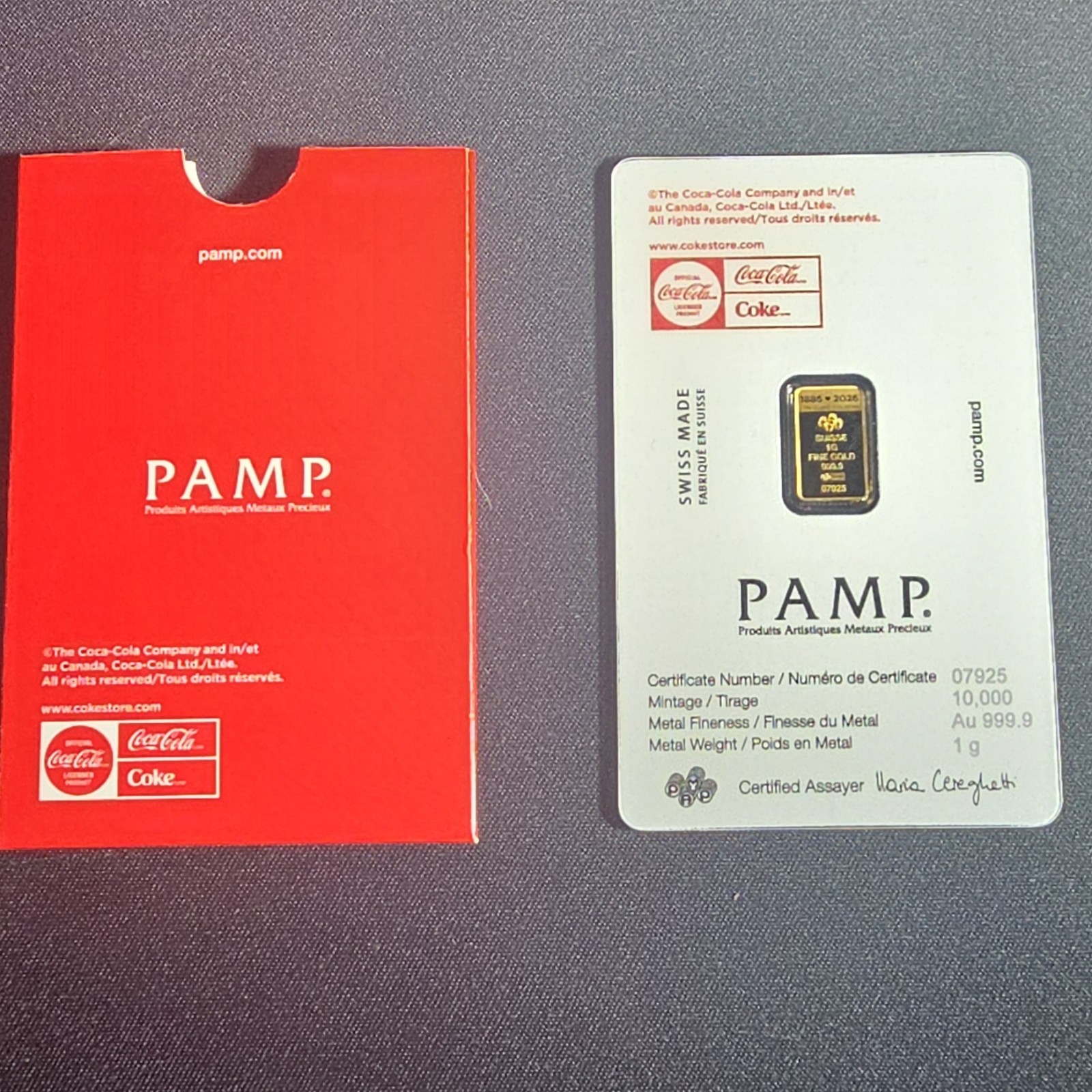 PAMP Suisse Coca-Cola Gold Bar 2026, 1 g Gold, Total 1 g Precious Metal