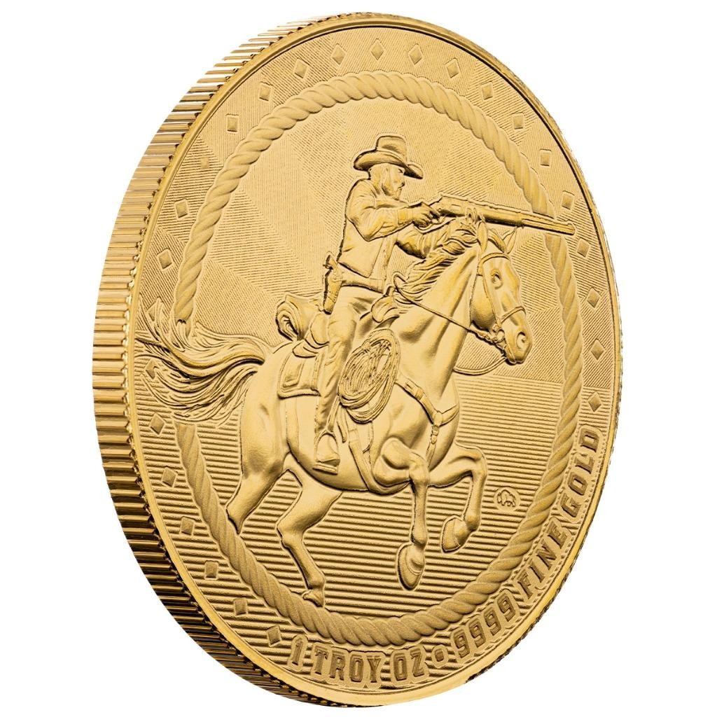 1 oz Gold Cowboy Rifleman w/ Buffalo Privy .9999 Gold Bullion Round in COA #A705
