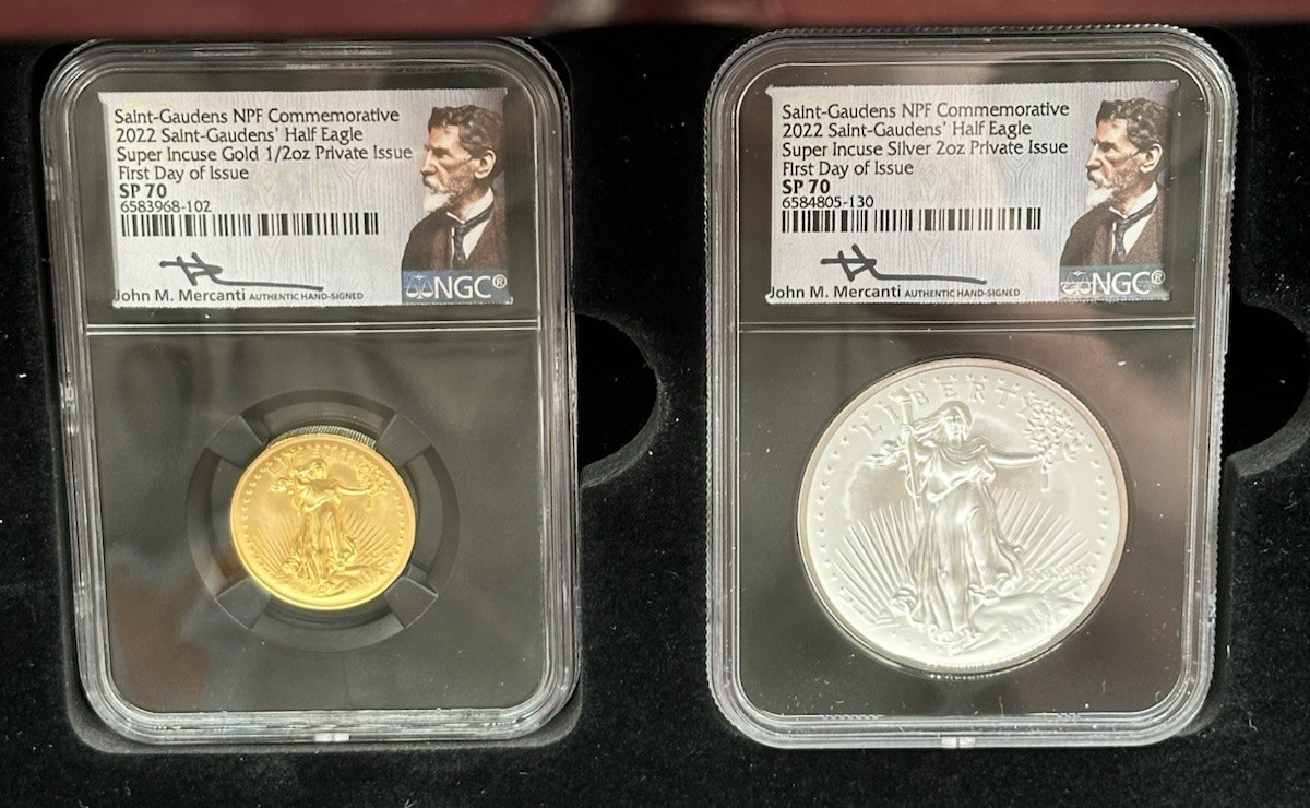 2022 Saint Gaudens Commem Super Incuse SP70 1/2 ozGold and 2oz Silver 2-Coin Set