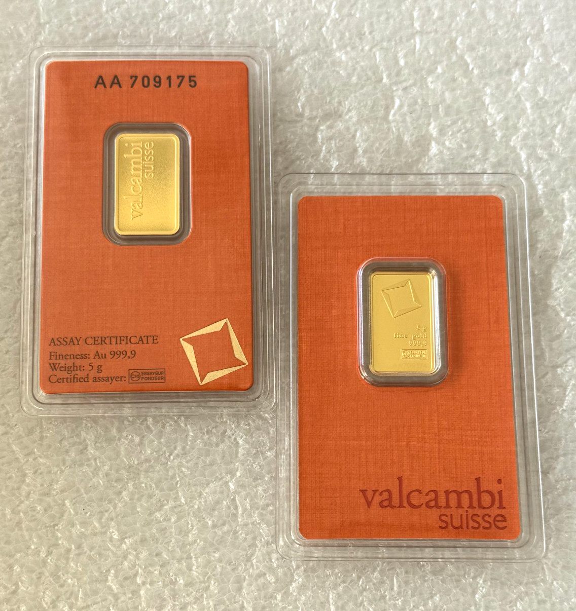 Valcambi Mint 5 gram gold bar in New Assay card of 999.9 fine gold 5g bar