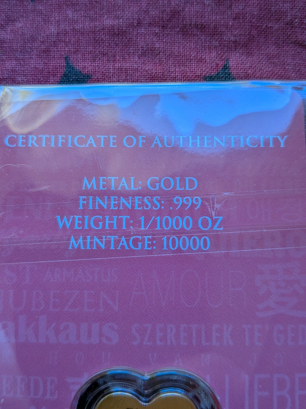 Happy Valentine’s Day 1/1000 oz Heart Shaped Gold in Card (5,000 Mintage)